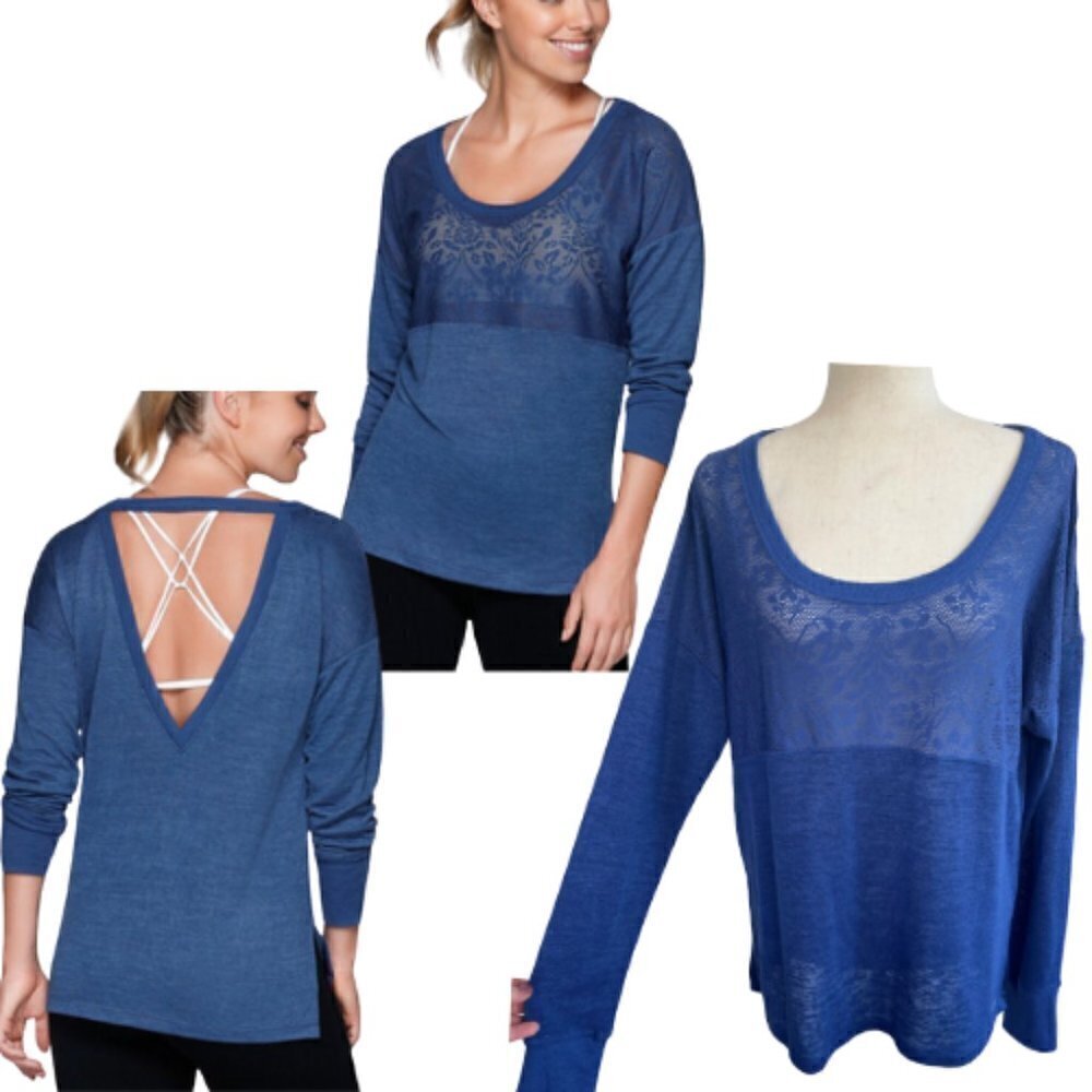 LORNA JANE Harper Long Sleeve Blue Floral Mesh Long Sleeve Knit Top Size L